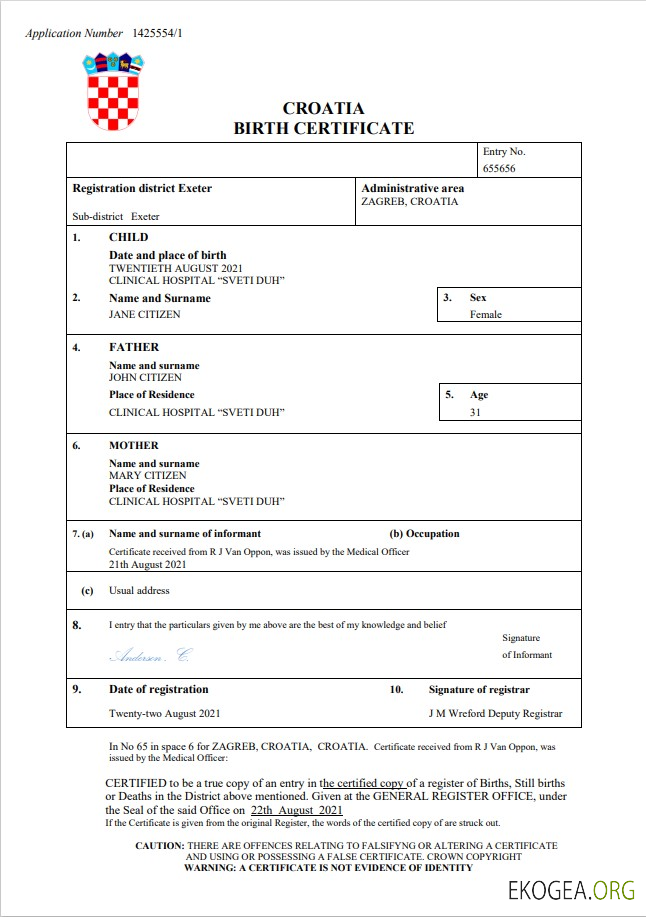 Modèle Word et PDF d'acte de naissance en Croatie